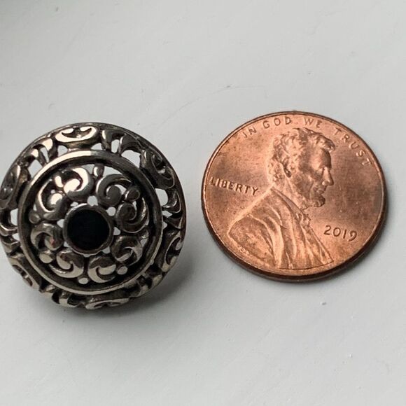 Vintage Domed Button Earrings – Silver Tone Scrollwork with Black Cabochon - Picture 7 of 7